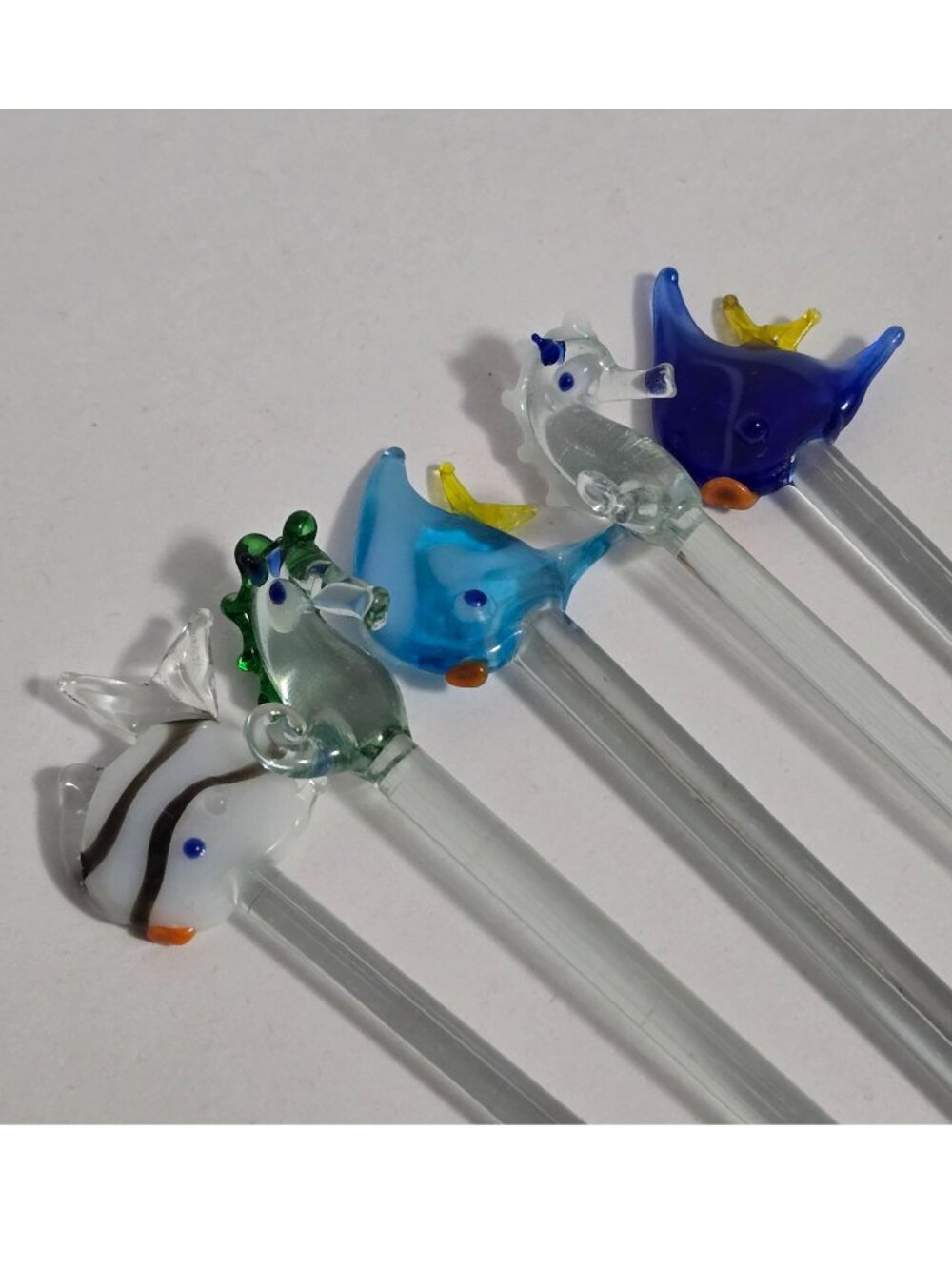 VTG Lot of 5 Tropical Fish Hand Blown Glass Cocktail Swizzle Sticks Drink Stirs